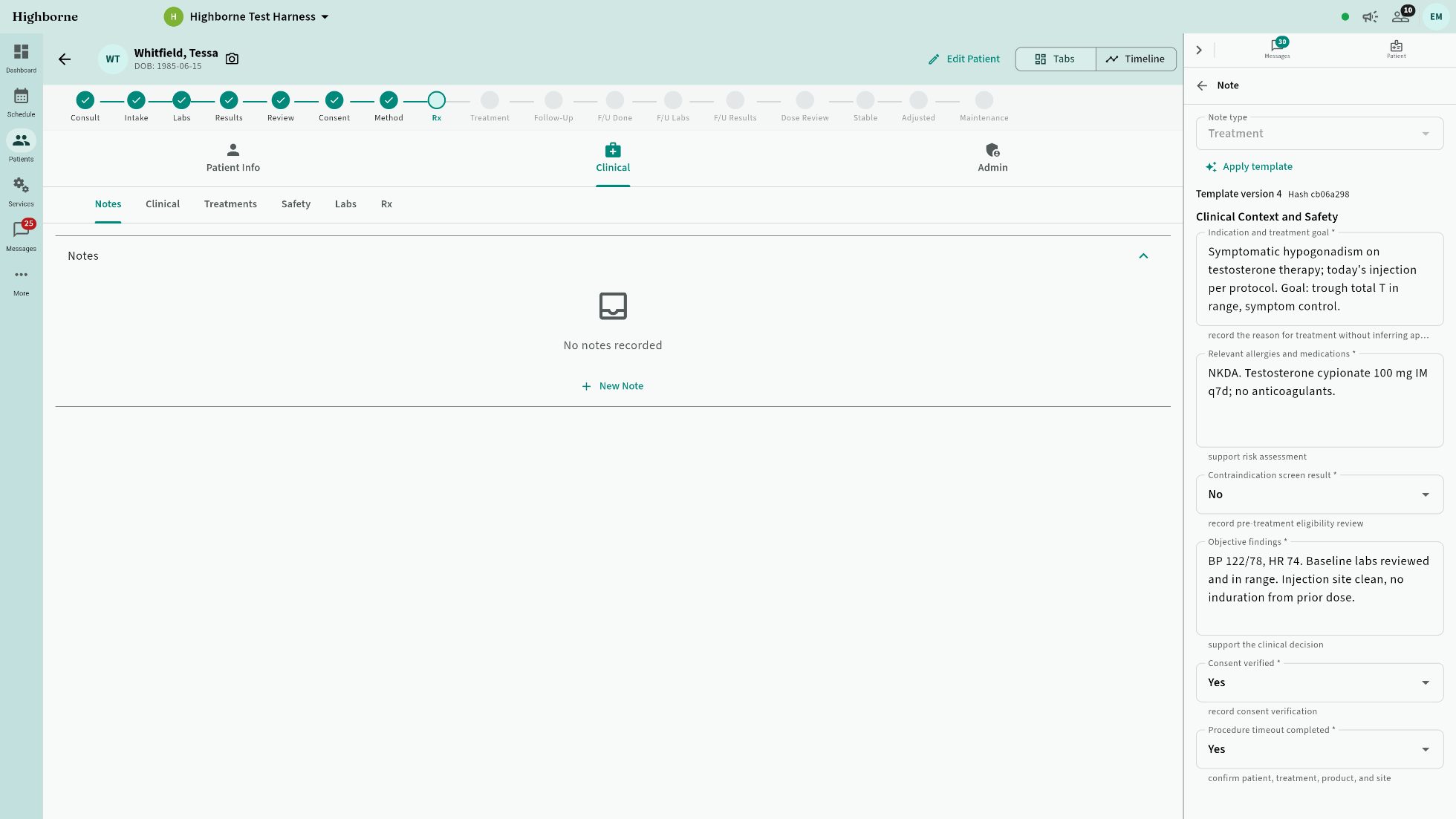 Patient chart, Notes tab, with the structured treatment note being written in the visit-log rail
