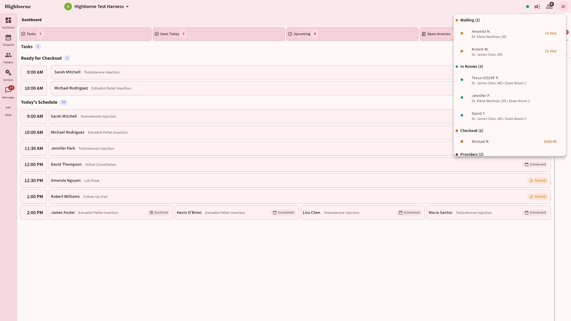 Clinic status popup over the dashboard: Waiting, In Rooms with occupants, Checkout with balance, Providers