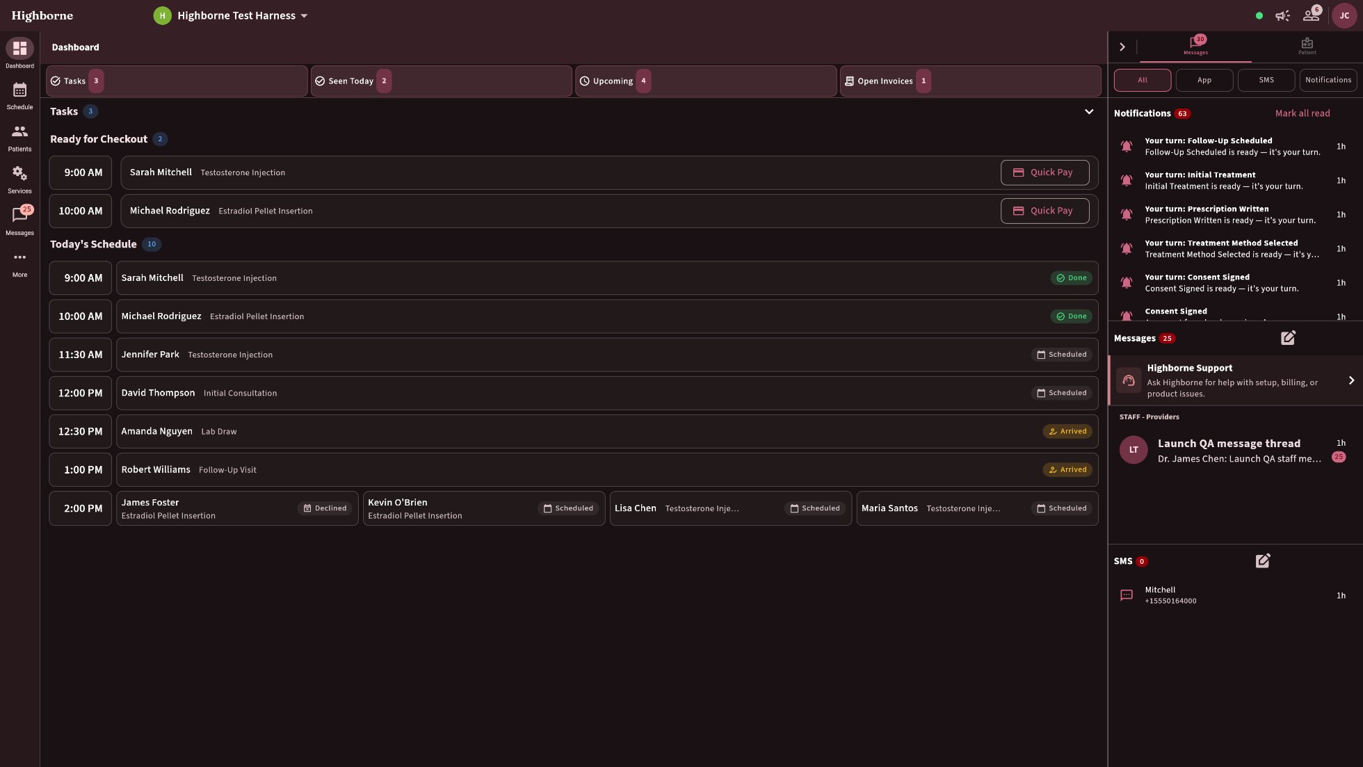 Dashboard with the Messages rail open, dark theme
