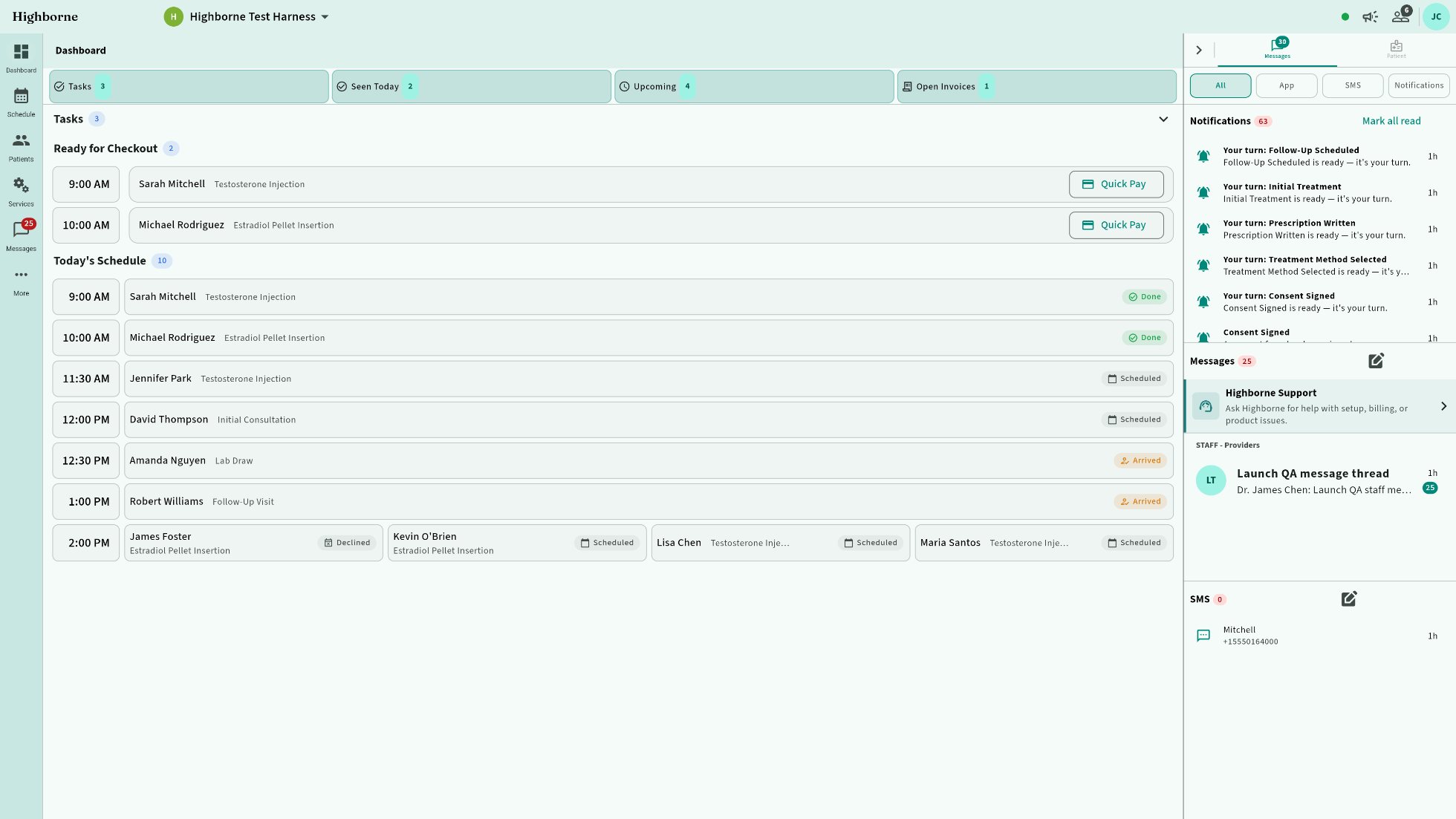 Highborne owner dashboard with the Messages rail open