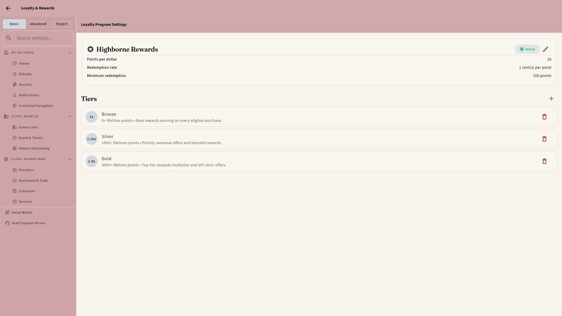 Loyalty program settings: points, redemption, and Bronze / Silver / Gold tiers