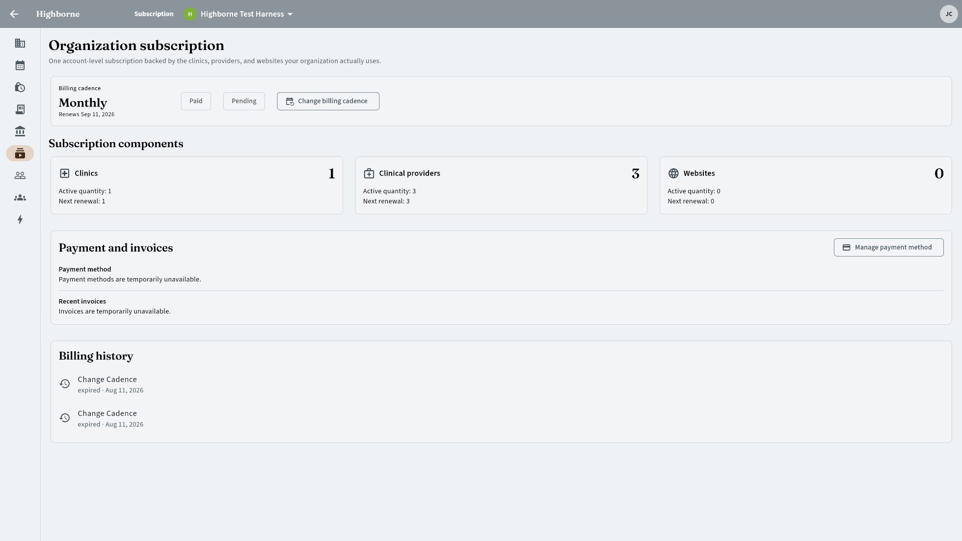 Organization subscription: clinics, clinical providers, websites