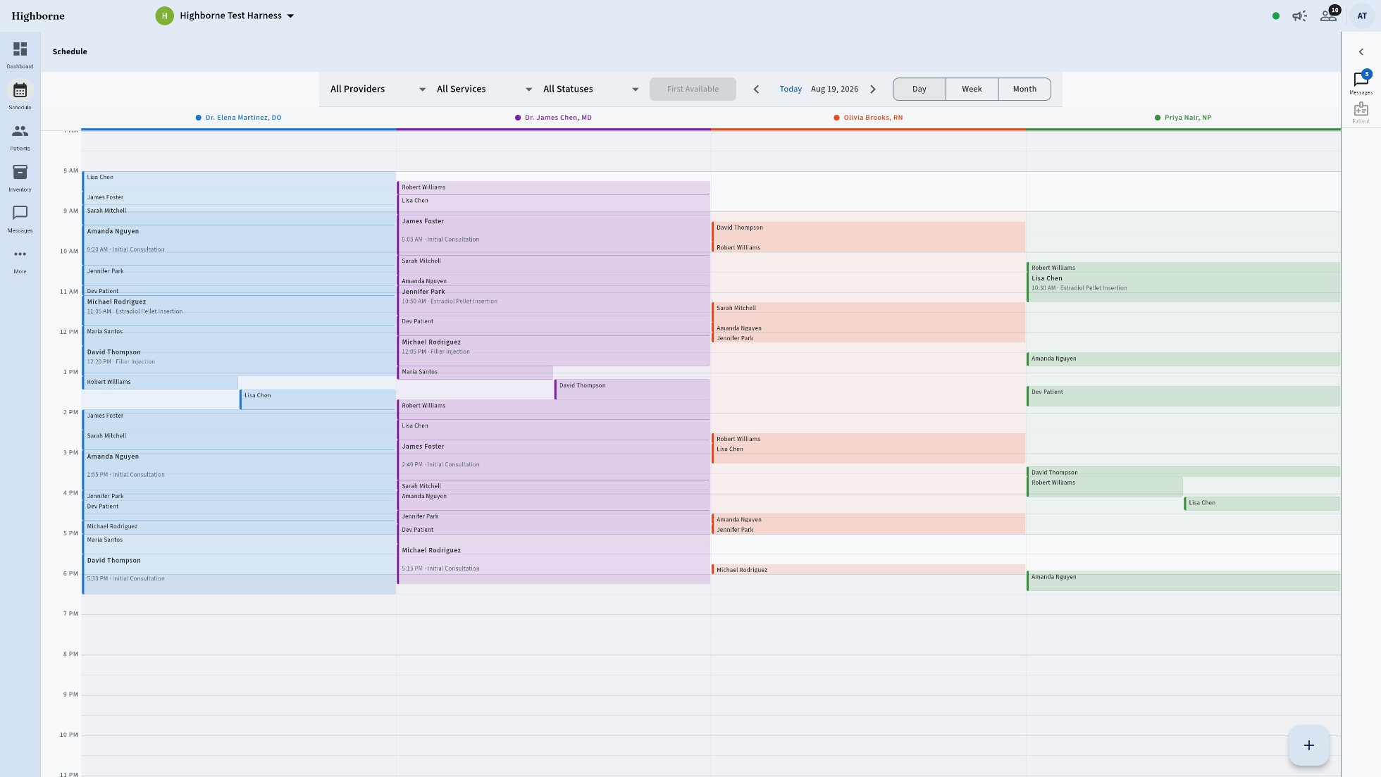 A large office's day: every provider column full from open to close, compact density