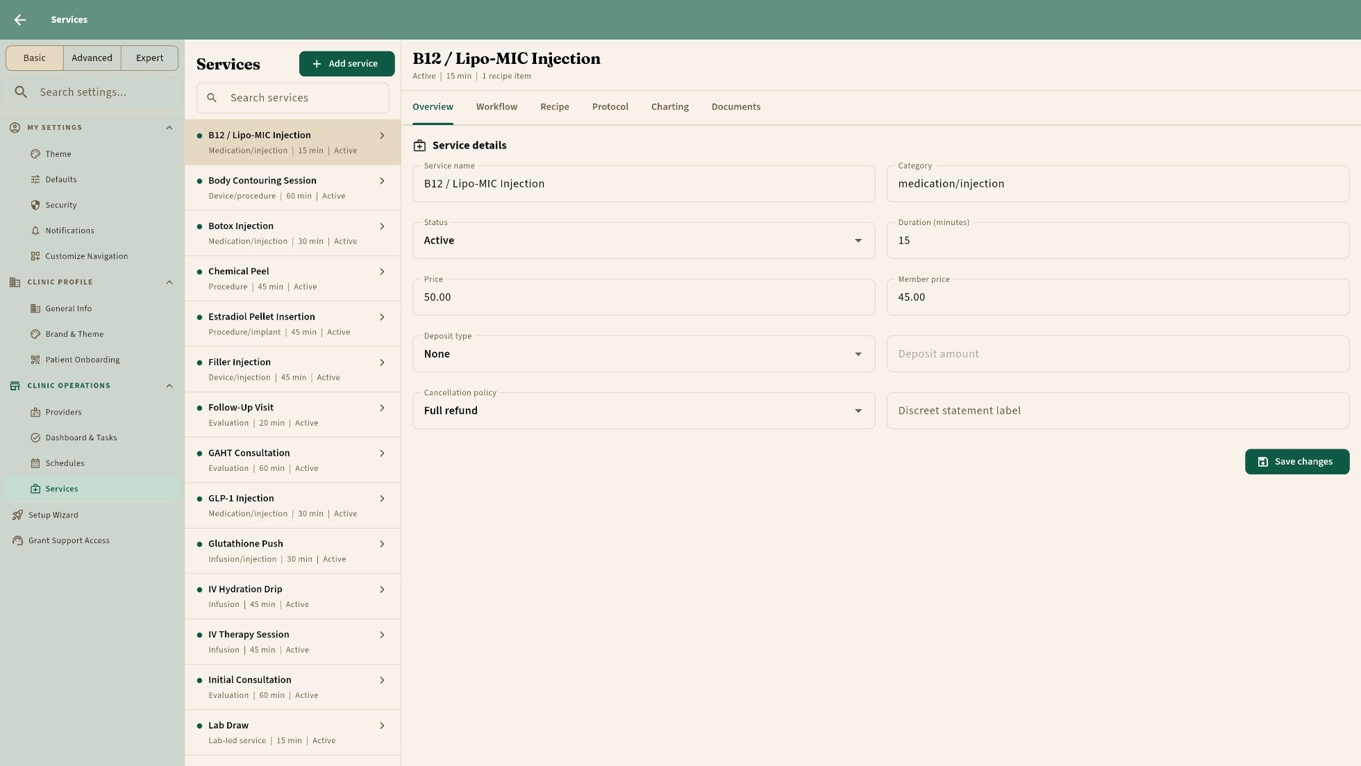 Owner settings: the services list with a service’s overview, workflow, recipe, protocol, charting and documents tabs