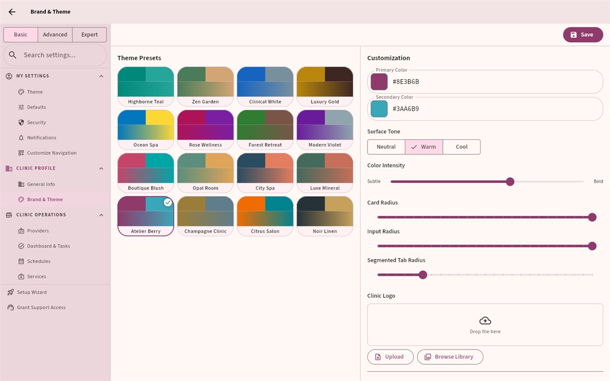 Highborne Brand & Theme studio: presets, colors, surface tone, radius sliders, and clinic logo upload